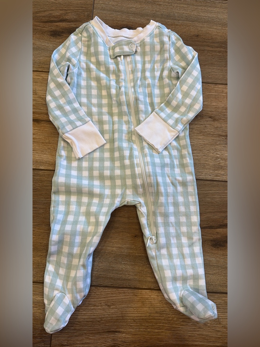 Kids One-Piece Zipper Footed Pajamas in Light Mint Gingham